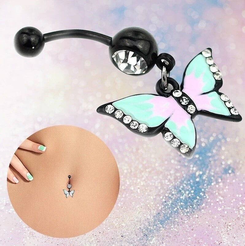 Butterfly Belly Button Piercing Bars Barbell Navel Dangle Drop Bar Silver/Gold