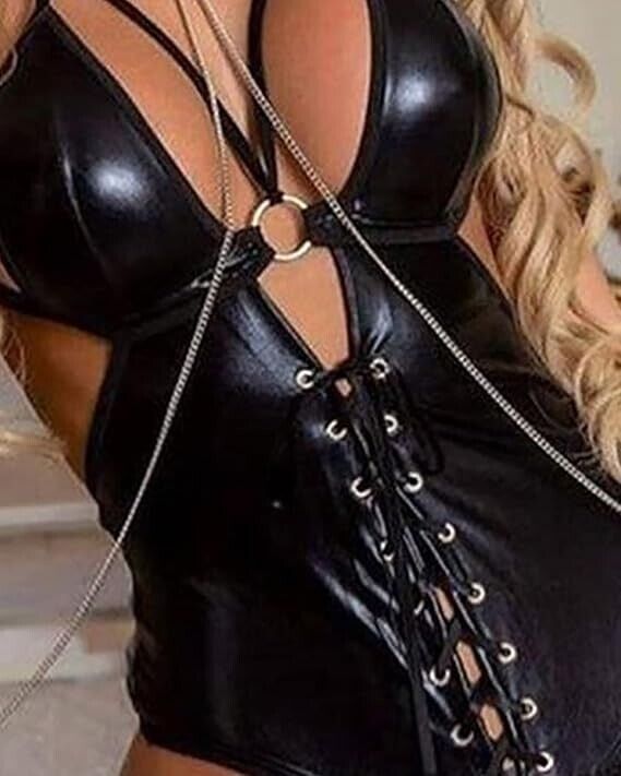 Sexy Women Black Patent Leather Onepiece Game Clothing with wrist chain Babydoll