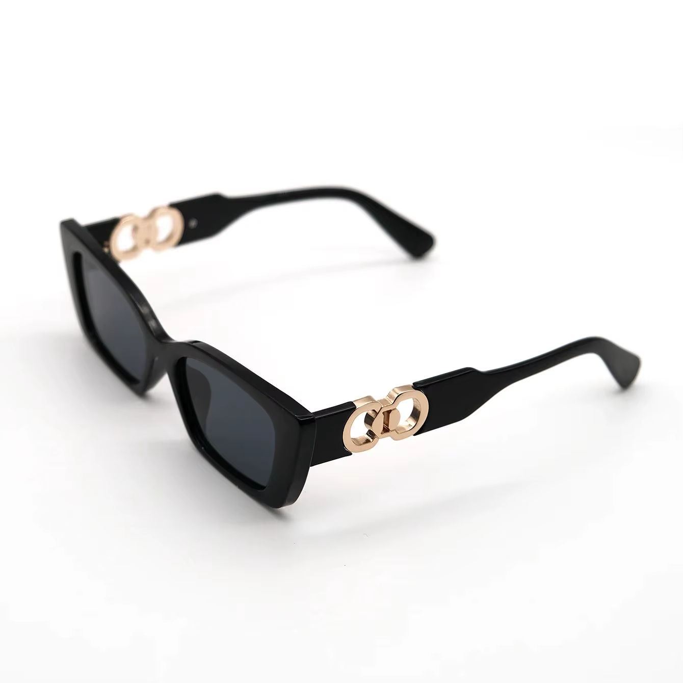 Women's Rectangle Black Sunglasses UV400 Retro Designer Style Gold Temple Shades