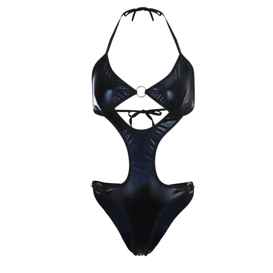 Women's PU Leather Look Babydoll Bodysuit Lingerie Set