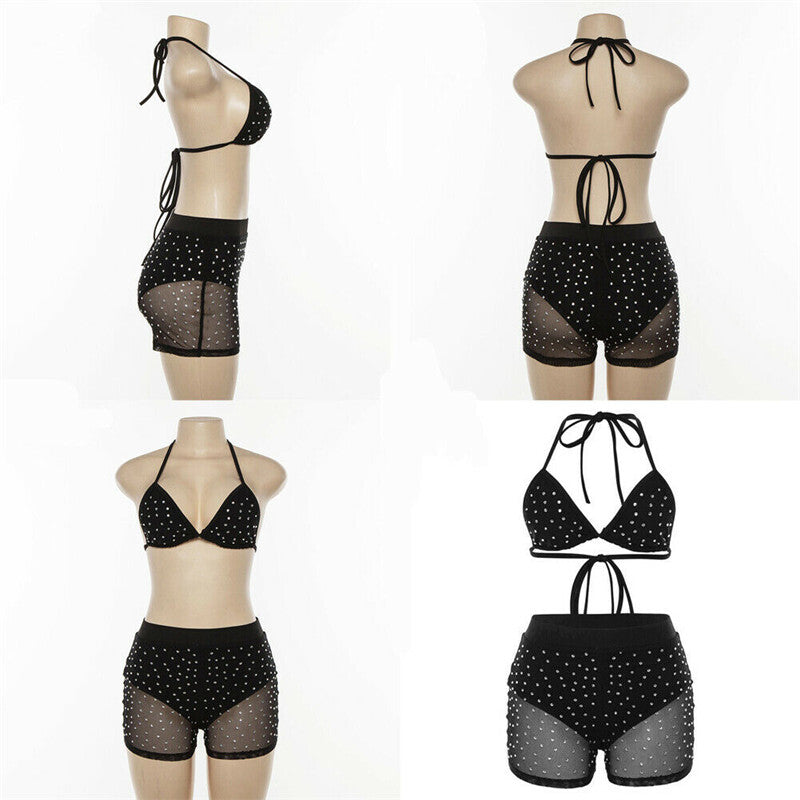 Sexy Women Fishnet Bra Mesh Sheer 2pcs Bikini Set Swimwear Swimsuit Rhinestone