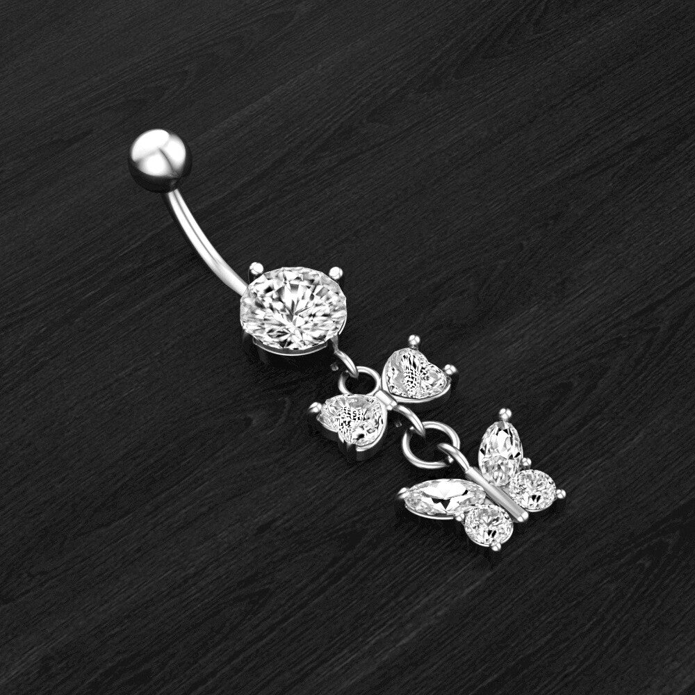 Butterfly Belly Button Piercing Bars Barbell Navel Dangle Drop Bar Silver/Gold