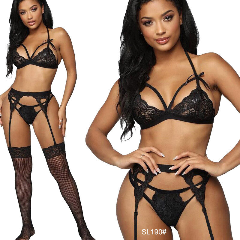 3pcs Sexy Lingerie Dress Underwear Lace Bra Set Women Girls Babydoll Nightdress
