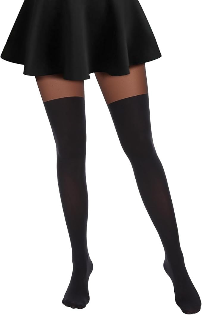 BLACK MOCK SUSPENDER TIGHTS with Imitating Knee Sock Pattern