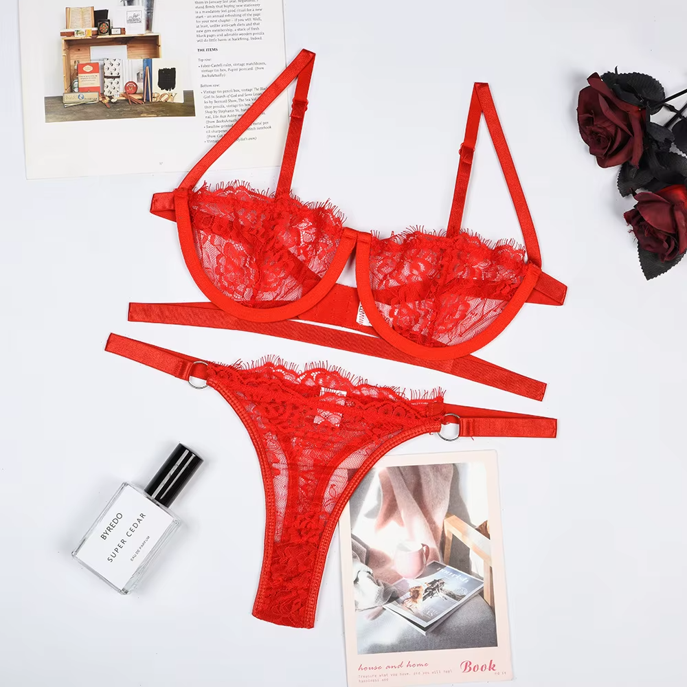Sexy Lace Lingerie Set Women’s Bra & Thong Set Sheer Underwear Black Red Wine Re