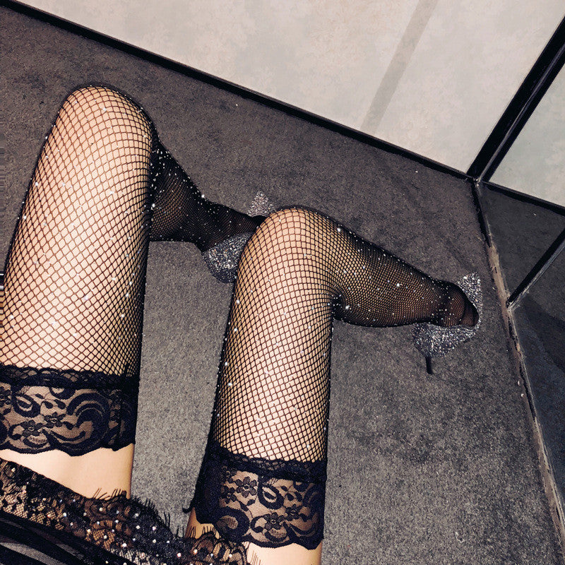 Black Thigh High Shiny Fishnet Top Hold-up Stockings One Size S M 8 - 12