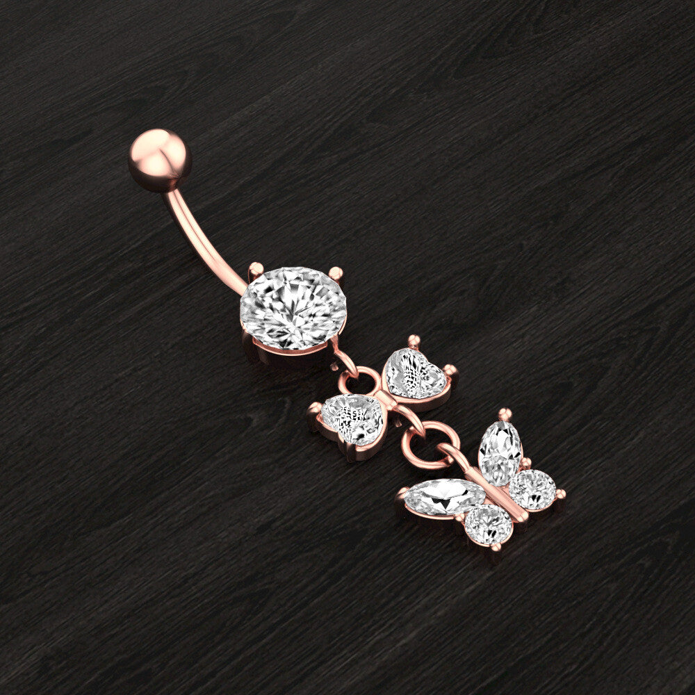 Butterfly Belly Button Piercing Bars Barbell Navel Dangle Drop Bar Silver/Gold