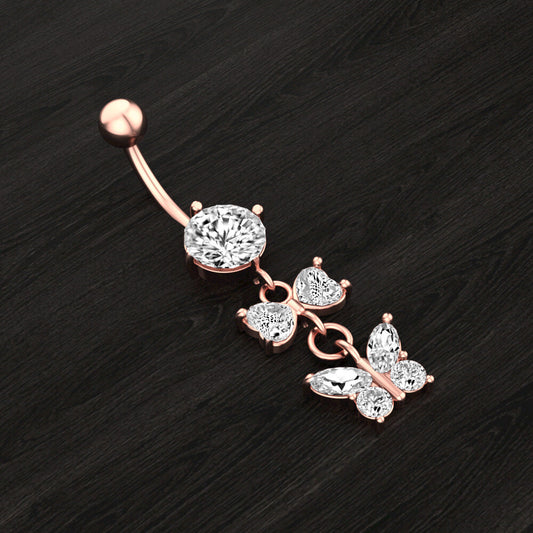 Butterfly Belly Button Piercing Bars Barbell Navel Dangle Drop Bar Silver/Gold