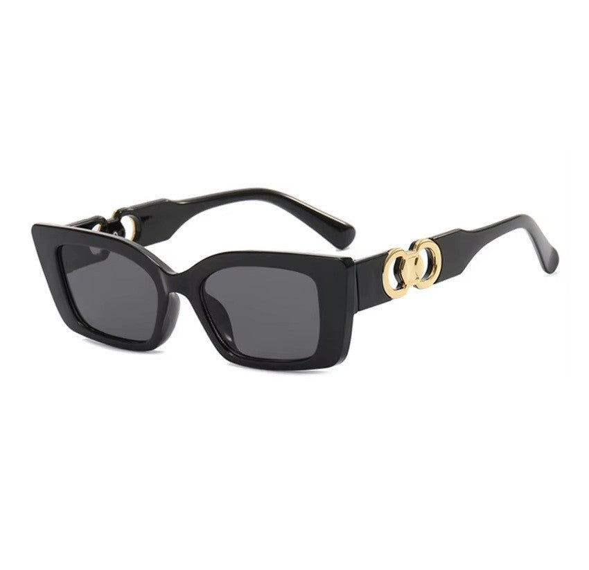 Women's Rectangle Black Sunglasses UV400 Retro Designer Style Gold Temple Shades