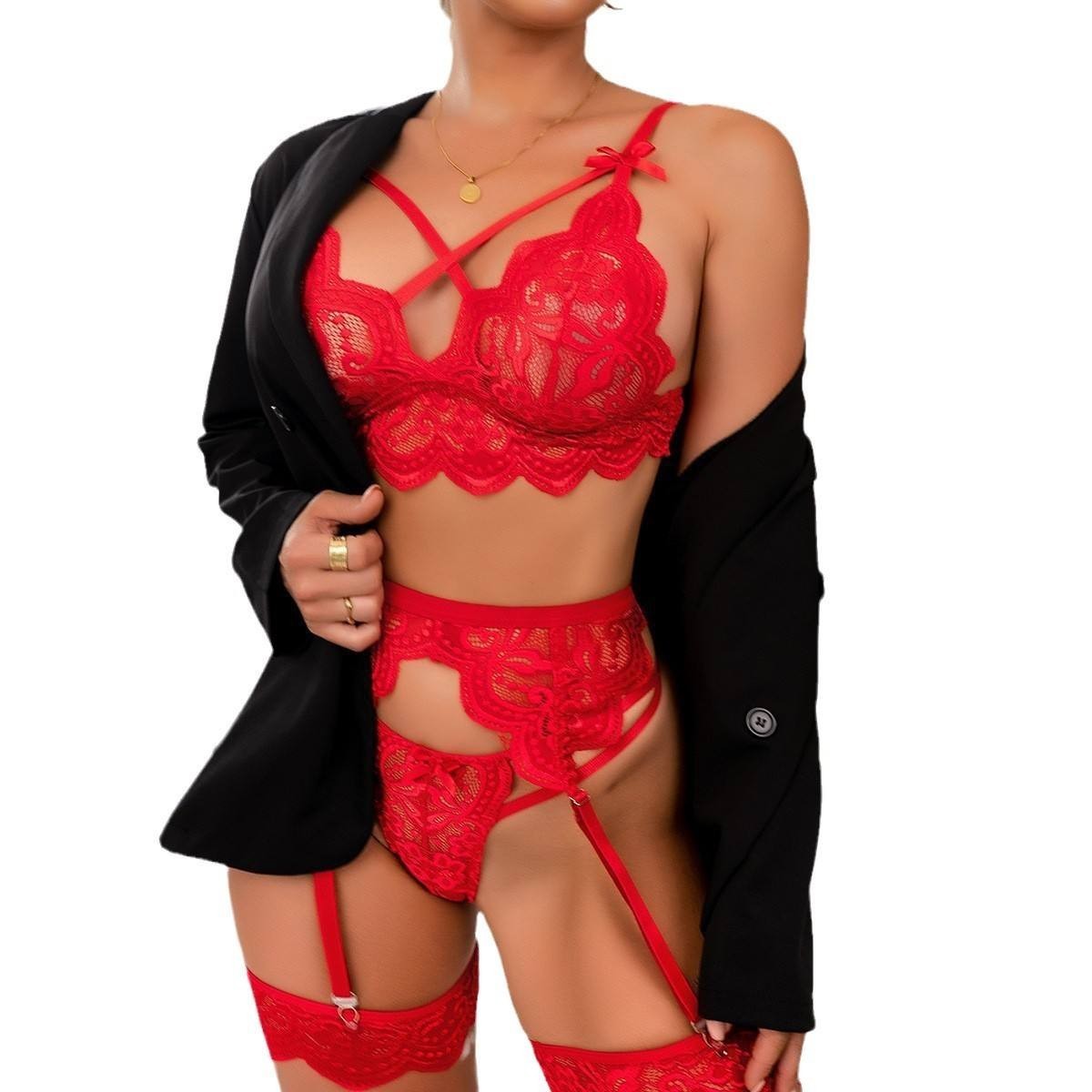 Sexy Lace Lingerie Set 4 Piece Women’s Bra Suspender Belt Thong Garter Set