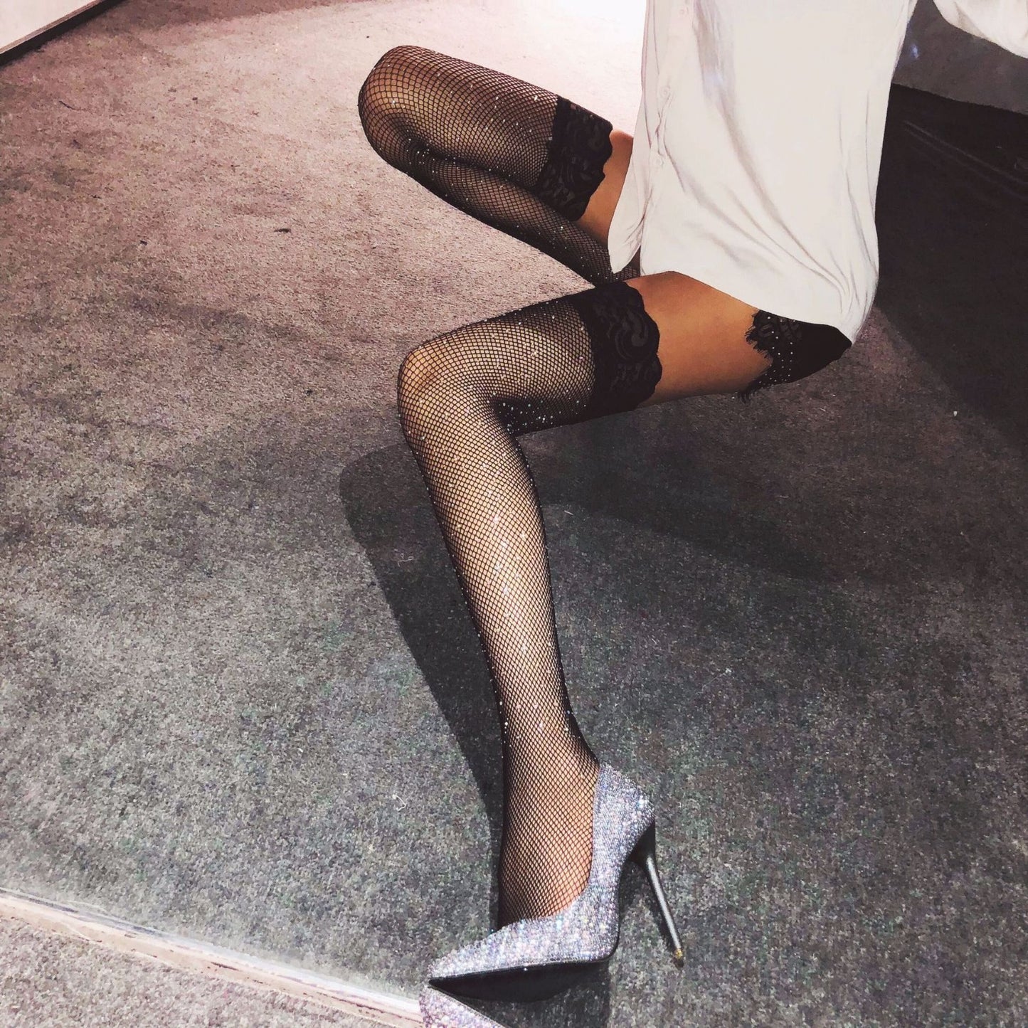 Black Thigh High Shiny Fishnet Top Hold-up Stockings One Size S M 8 - 12