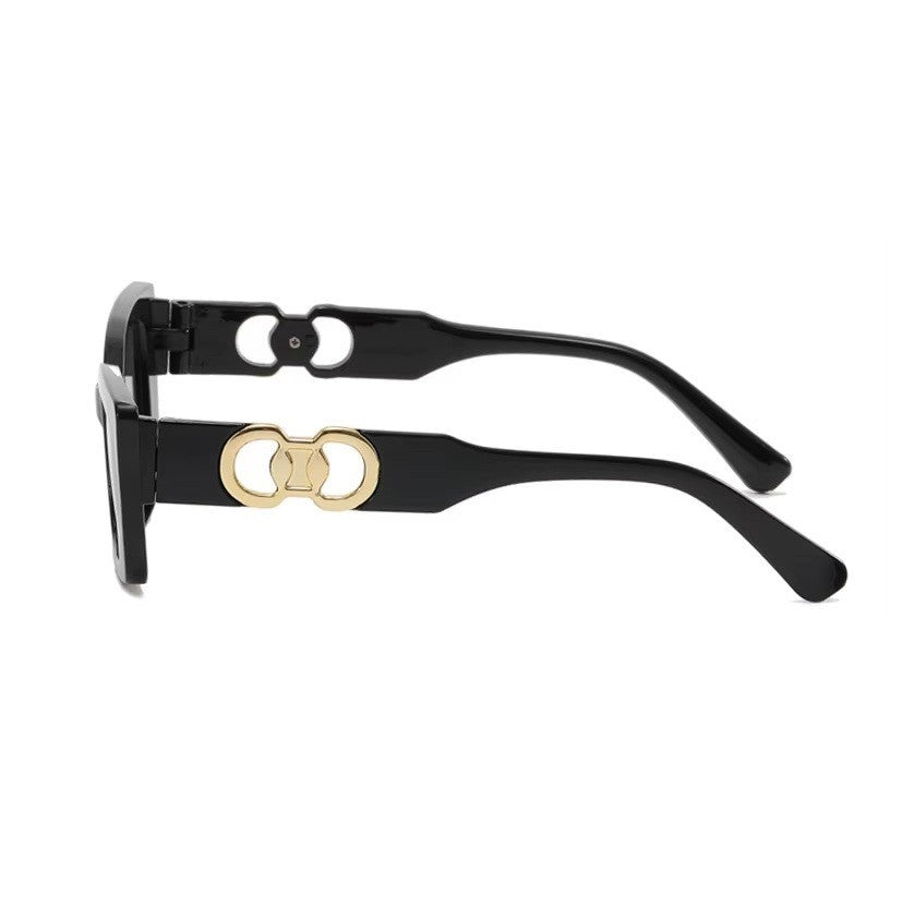 Women's Rectangle Black Sunglasses UV400 Retro Designer Style Gold Temple Shades