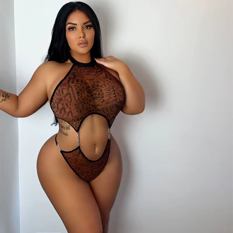 Sexy Leopard Print Bodysuit Women’s Sheer Mesh Cut Out Teddy Lingerie One Piece