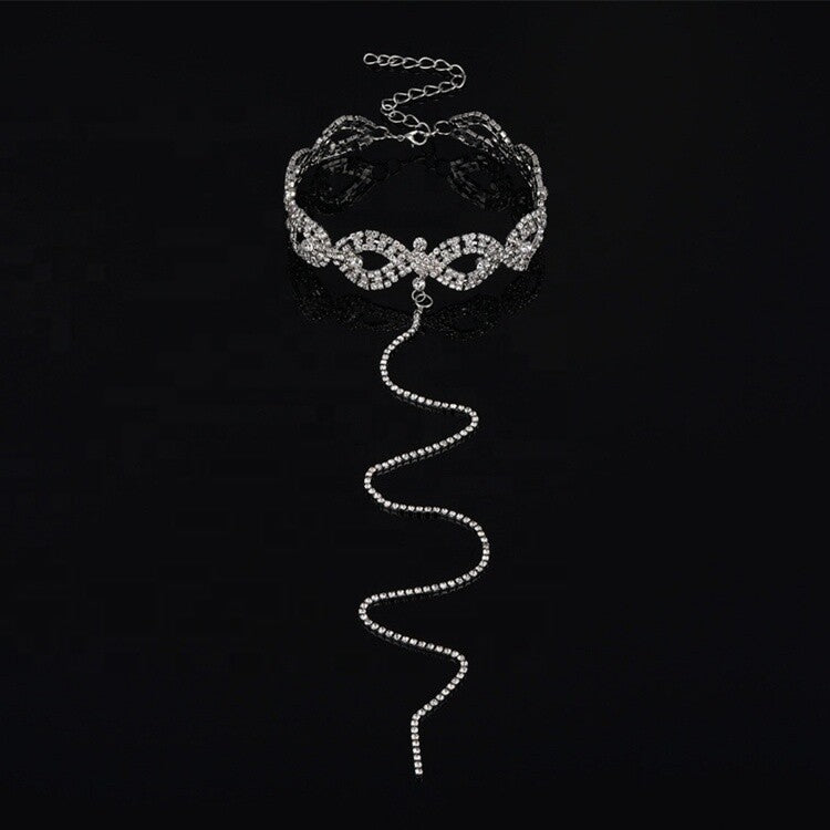 Fashion Chocker Retro Women Crystal Choker Bib Necklace Long Rope Silver