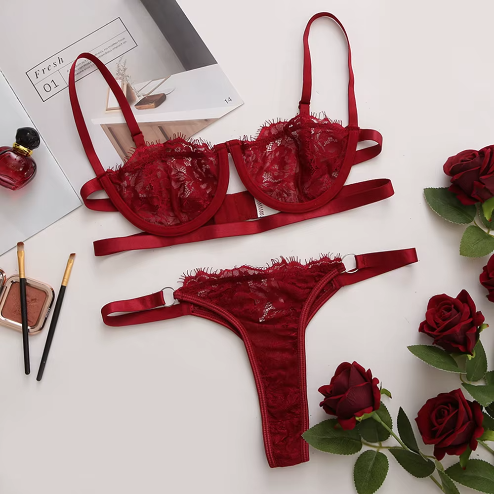 Sexy Lace Lingerie Set Women’s Bra & Thong Set Sheer Underwear Black Red Wine Re