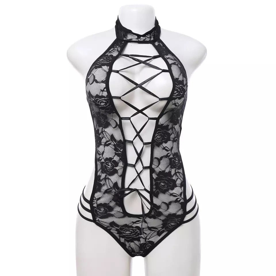 Women Ladies Fishnet Bodysuit Sexy Lace Up Lingerie Babydoll Underwear Plus Size
