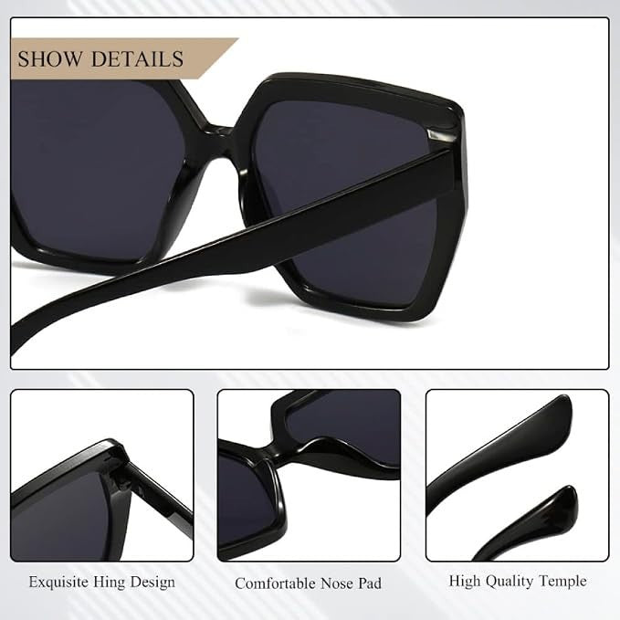 Women's Oversized Square Sunglasses Black UV400 Fashion Designer Style Shades