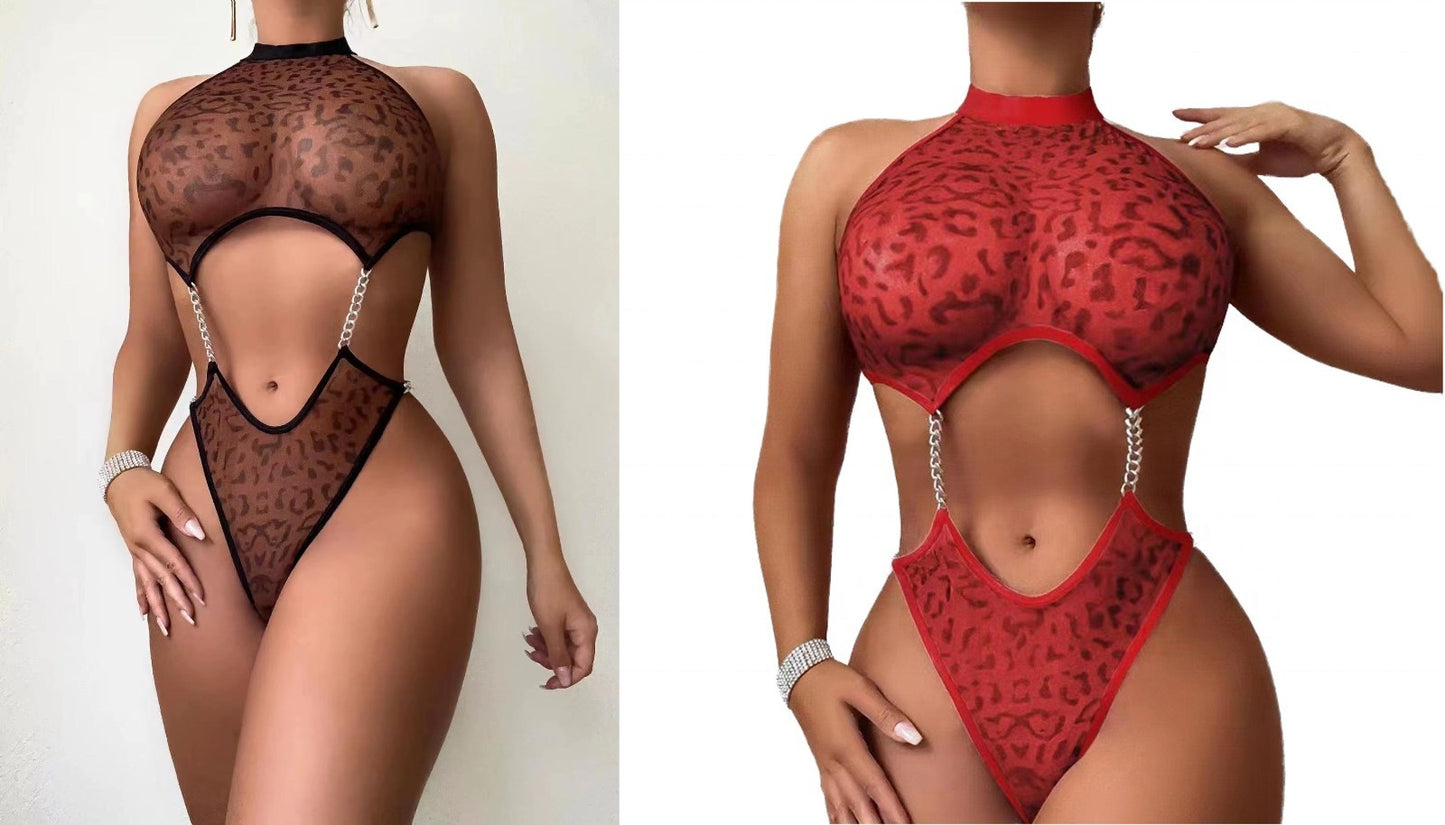 Sexy Leopard Print Bodysuit Women’s Sheer Mesh Cut Out Teddy Lingerie One Piece