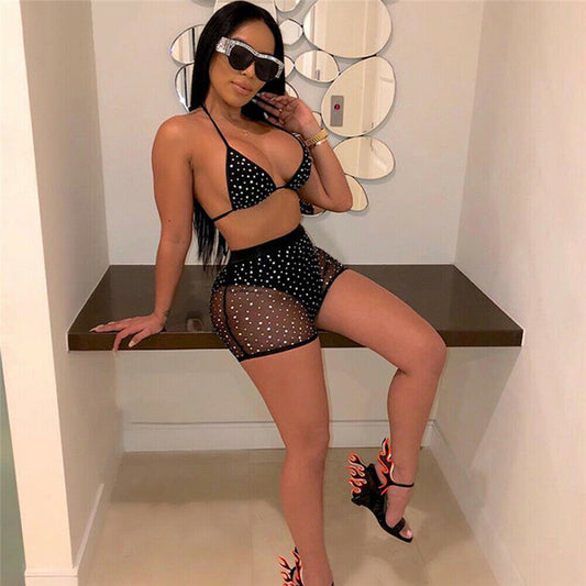 Sexy Women Fishnet Bra Mesh Sheer 2pcs Bikini Set Swimwear Swimsuit Rhinestone