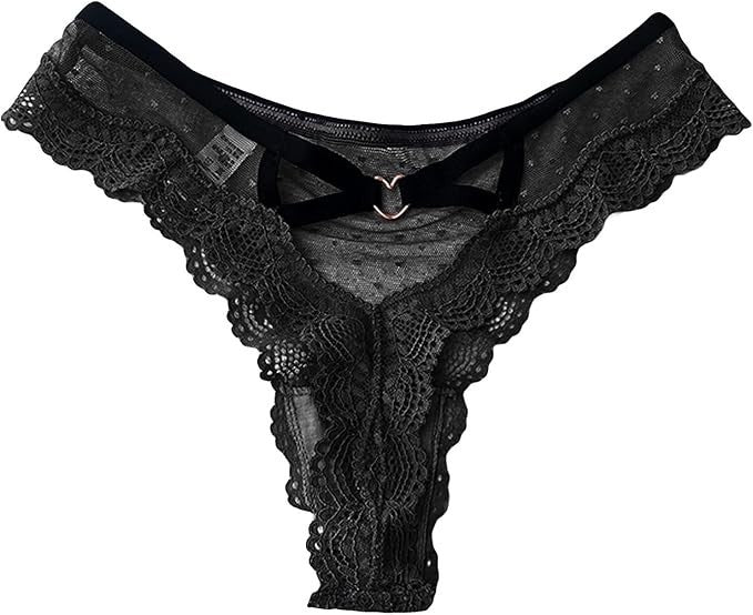 Women's Black Lace Strappy Thong Panties Heart Ring Mesh G-String Lingerie