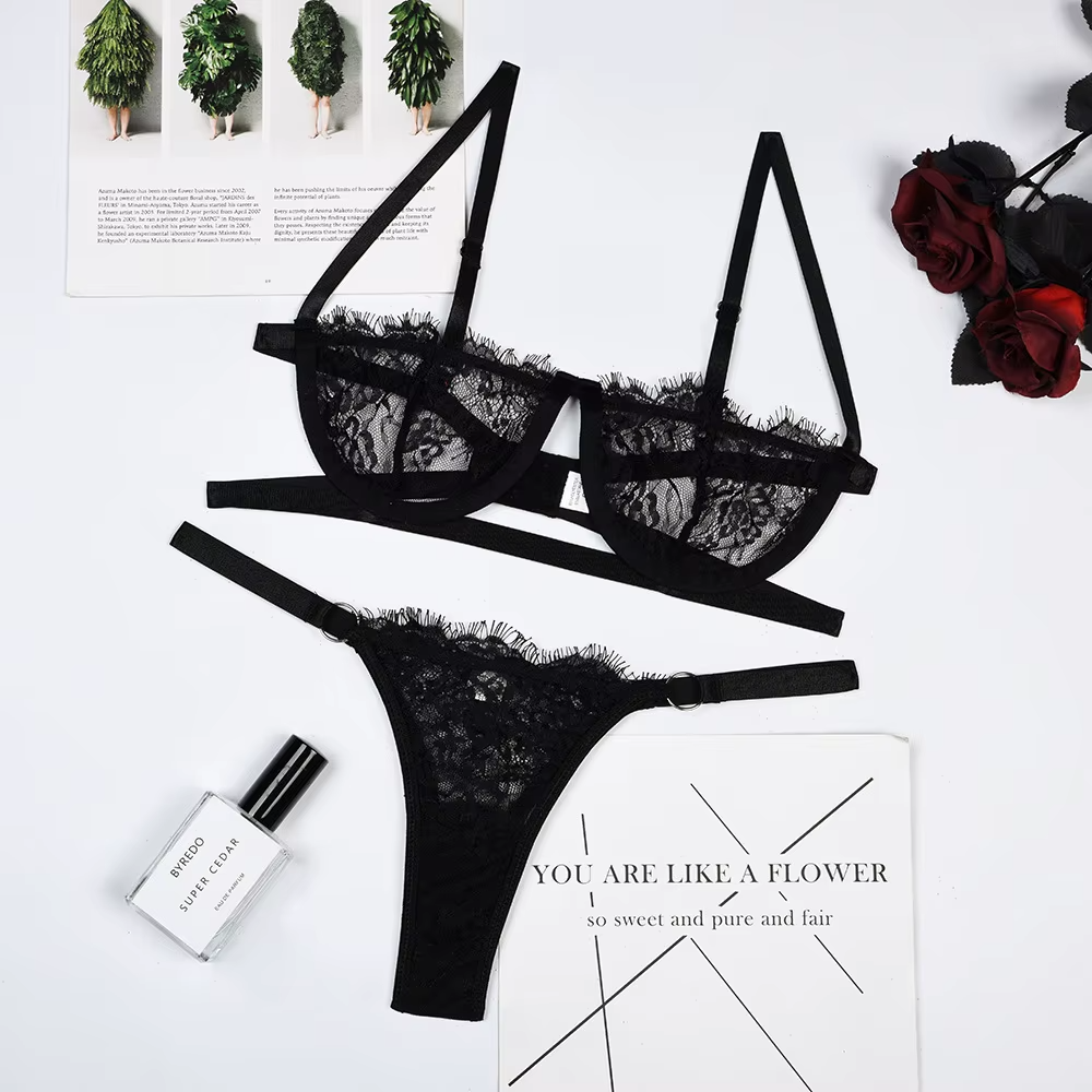 Sexy Lace Lingerie Set Women’s Bra & Thong Set Sheer Underwear Black Red Wine Re