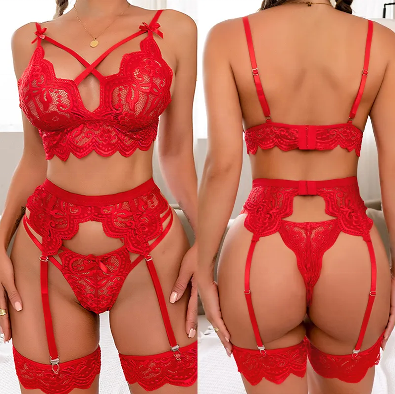 Sexy Lace Lingerie Set 4 Piece Women’s Bra Suspender Belt Thong Garter Set