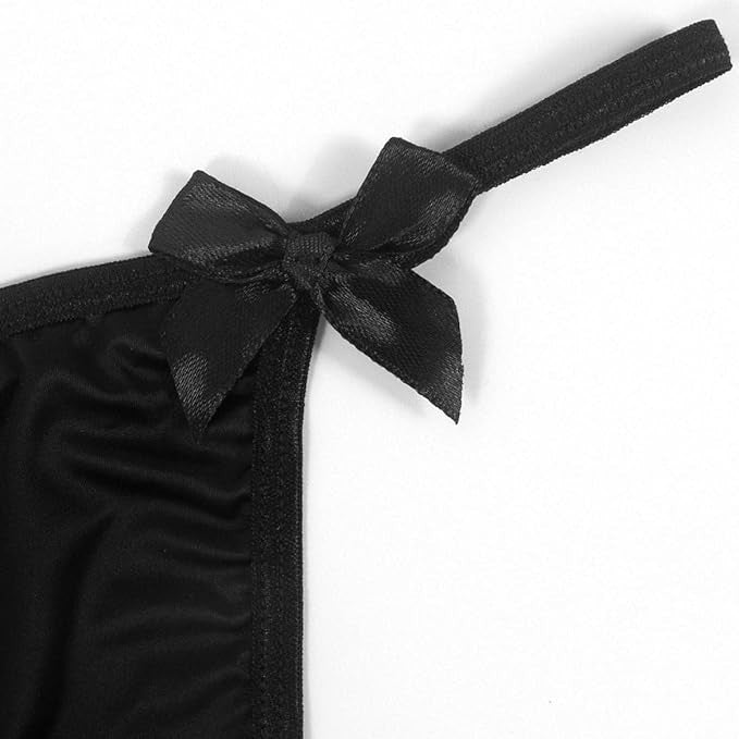 Women's Black Strappy Chain Thong G-String Panties Bow Detail