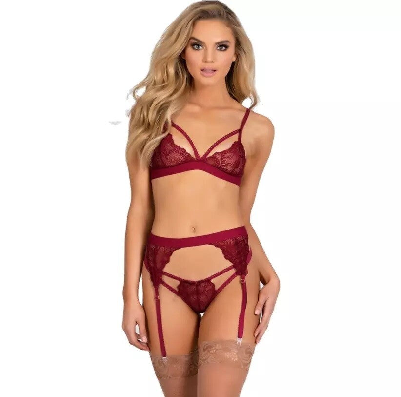 Black Lace Three Piece Underwear Set. Bra,Thong & Garter Belt. Sexy Lingerie