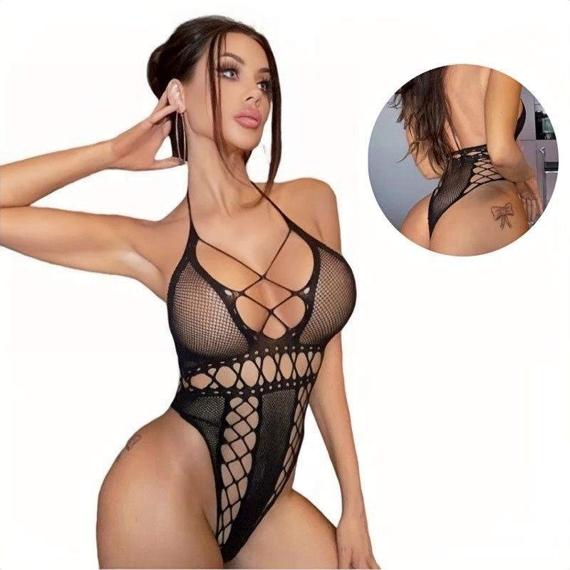 Sexy Fishnet Bodysuit Women’s Strappy Mesh Lingerie One Piece Teddy Black