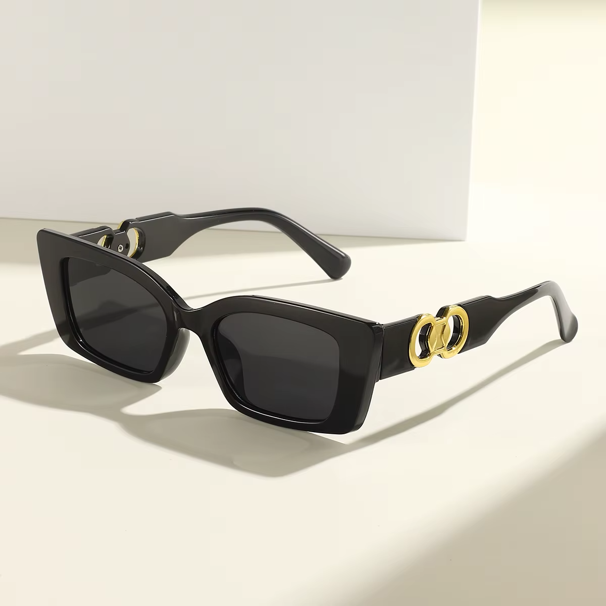 Women's Rectangle Black Sunglasses UV400 Retro Designer Style Gold Temple Shades