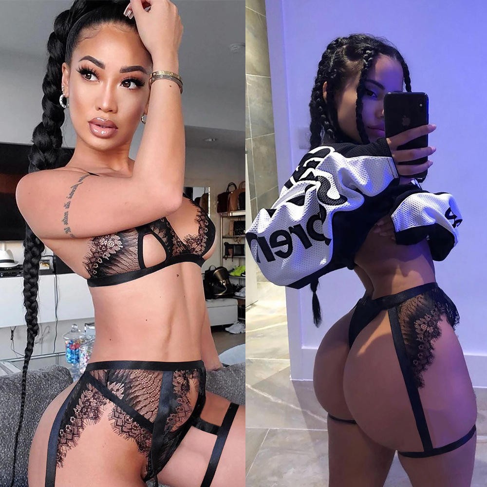 Sexy Black Lace Lingerie Set Women’s Strappy Bra & Thong Harness Underwear