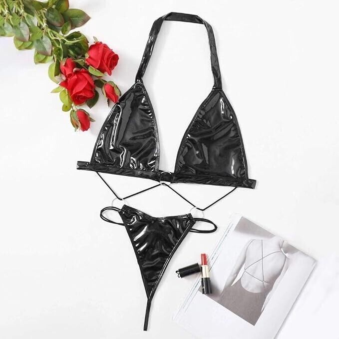 Leather Lingerie Sets for Women Sexy Lace-Up, Bra & Thong, Adjustable Straps UK