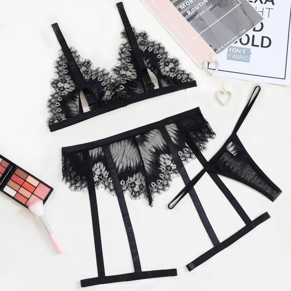 Sexy Black Lace Lingerie Set Women’s Strappy Bra & Thong Harness Underwear
