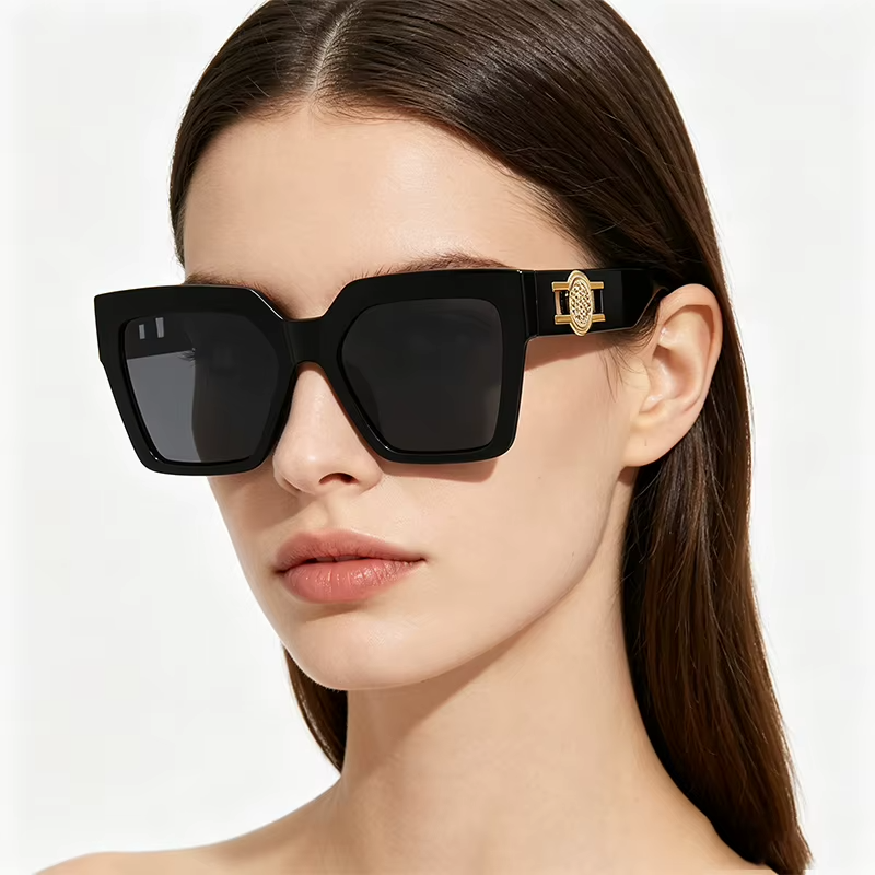 Women's Oversized Square Sunglasses Black UV400 Luxury Gold Temple Fashion Shade