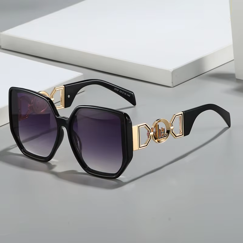 Women's Oversized Square Sunglasses Black UV400 Luxury Gold Temple Fashion Shade