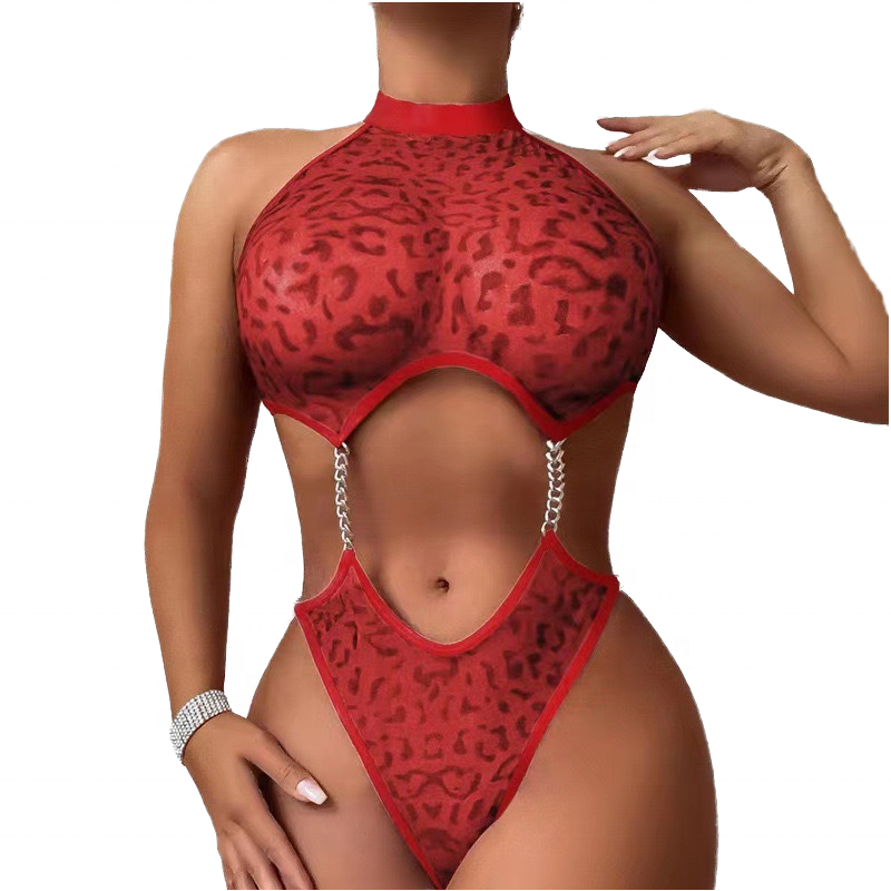 Sexy Leopard Print Bodysuit Women’s Sheer Mesh Cut Out Teddy Lingerie One Piece