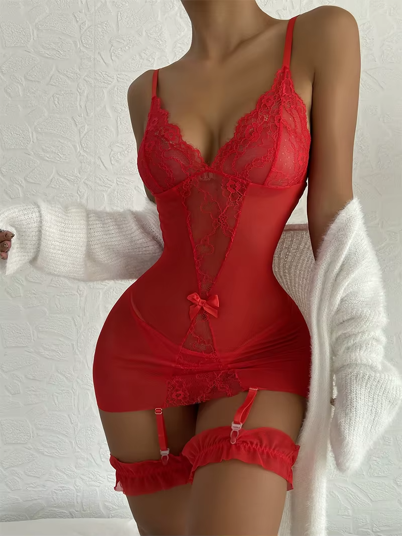 Sexy Black Lace Lingerie Babydoll Dress Mesh Nightwear with Garter Straps Women