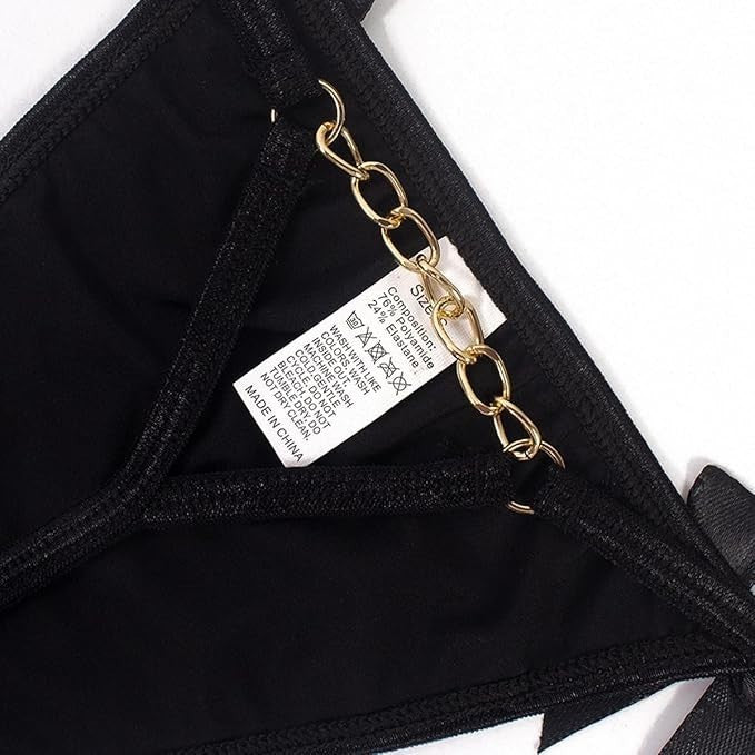 Women's Black Strappy Chain Thong G-String Panties Bow Detail