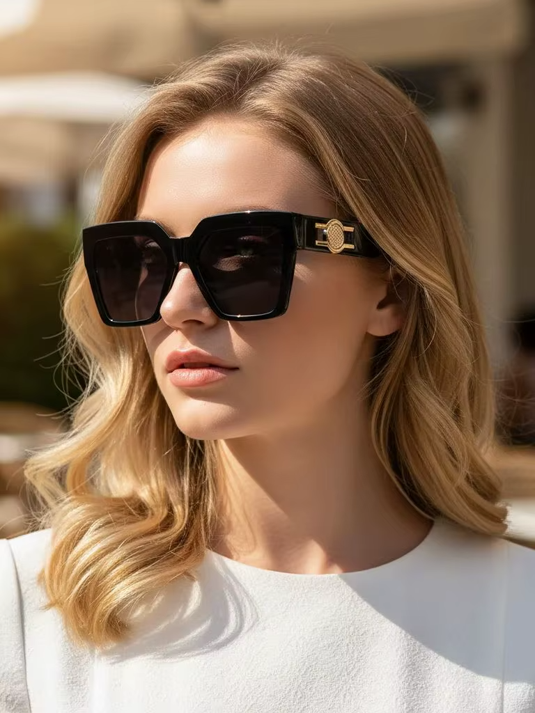 Women's Oversized Square Sunglasses Black UV400 Luxury Gold Temple Fashion Shade