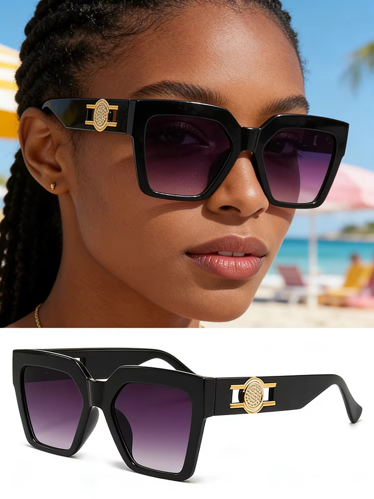 Women's Oversized Square Sunglasses Black UV400 Luxury Gold Temple Fashion Shade