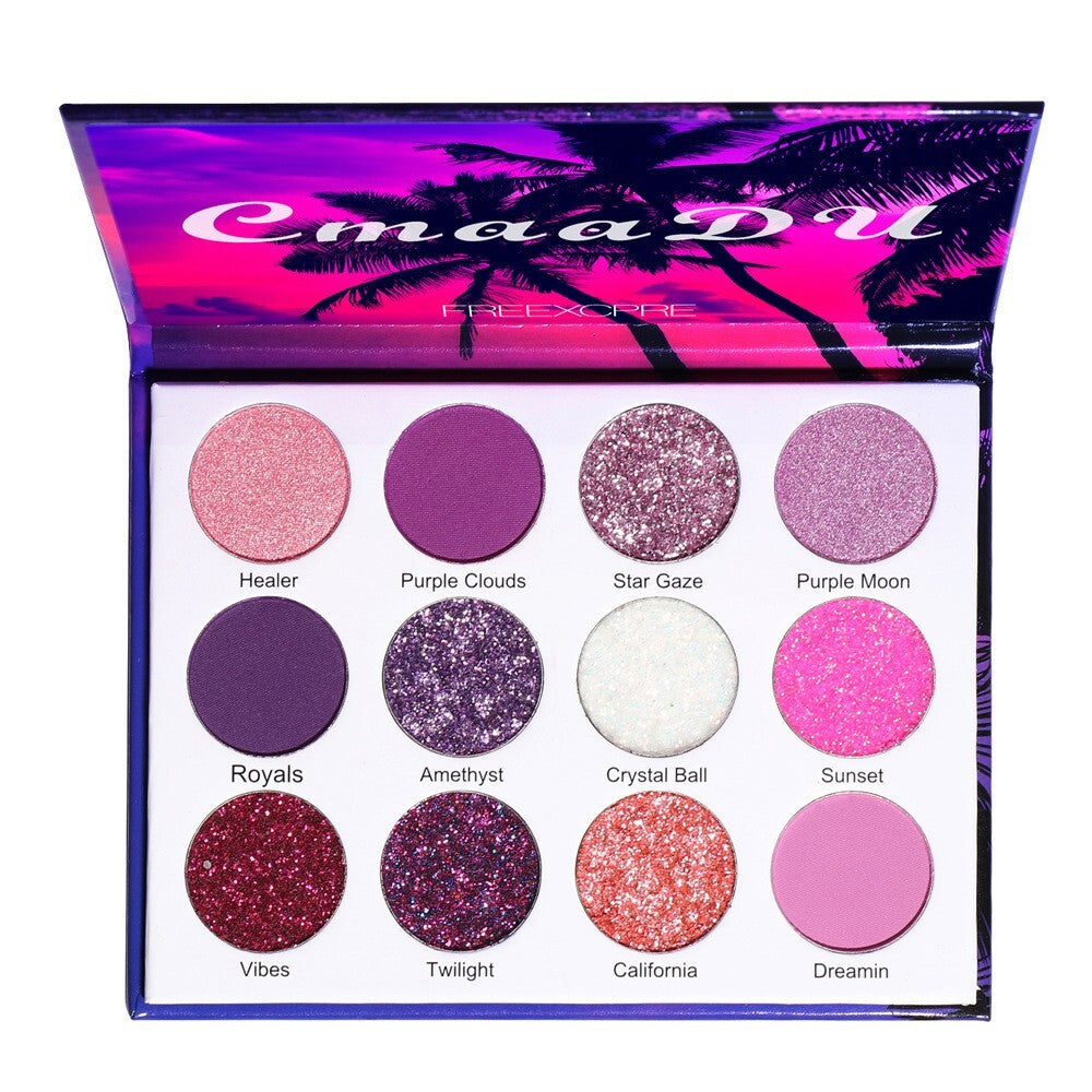 12 Colours Purple Pigments Matte Glitter Shiny Eyeshadow Palette Makeup Powder