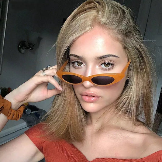 Small Slim Narrow Cat Eye Thin Lightweight Oval Womens/Mens Sunglasses 90's Retro Flat Lens UV400